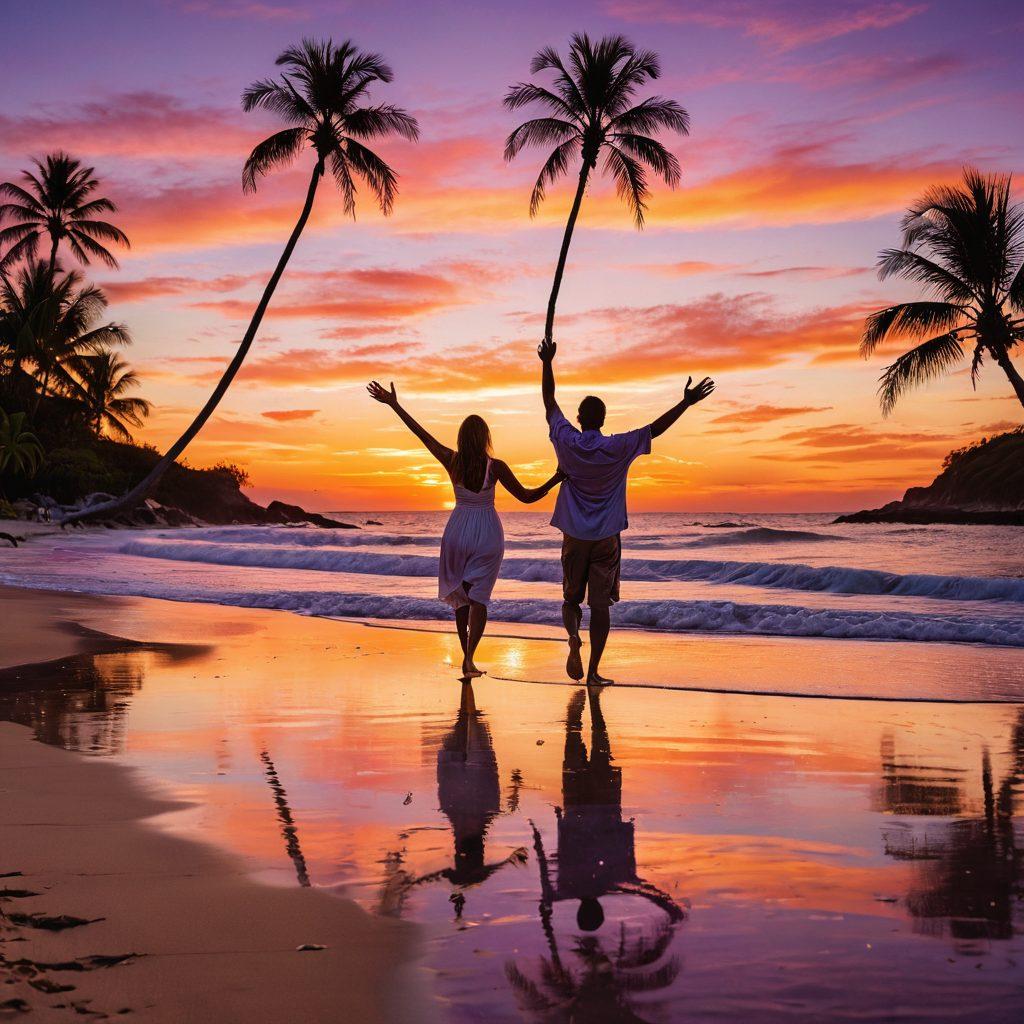 A vibrant scene with a joyful couple on a scenic beach, their arms wide open, relishing the moment. The background features a picturesque sunset, palm trees swaying, and footprints along the sandy shore. They hold an Asspass travel guide, symbolizing adventure and freedom. super-realistic. vibrant colors. serene atmosphere.