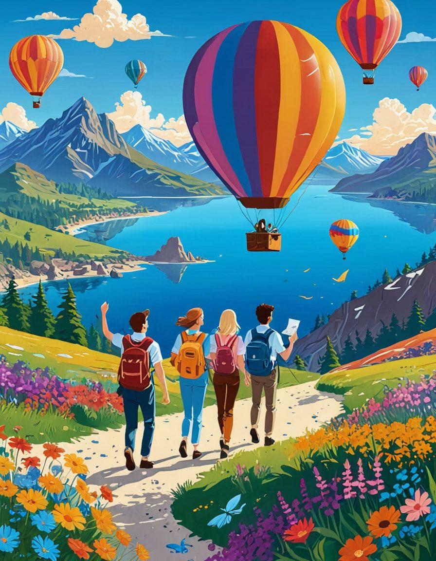 A joyful group of friends exploring a vibrant, lush landscape filled with colorful flowers and sparkling streams, with one person holding a map featuring a bright, happy sun. They are surrounded by hot air balloons and mountains in the distance, all under a clear blue sky. vector art. vibrant colors.