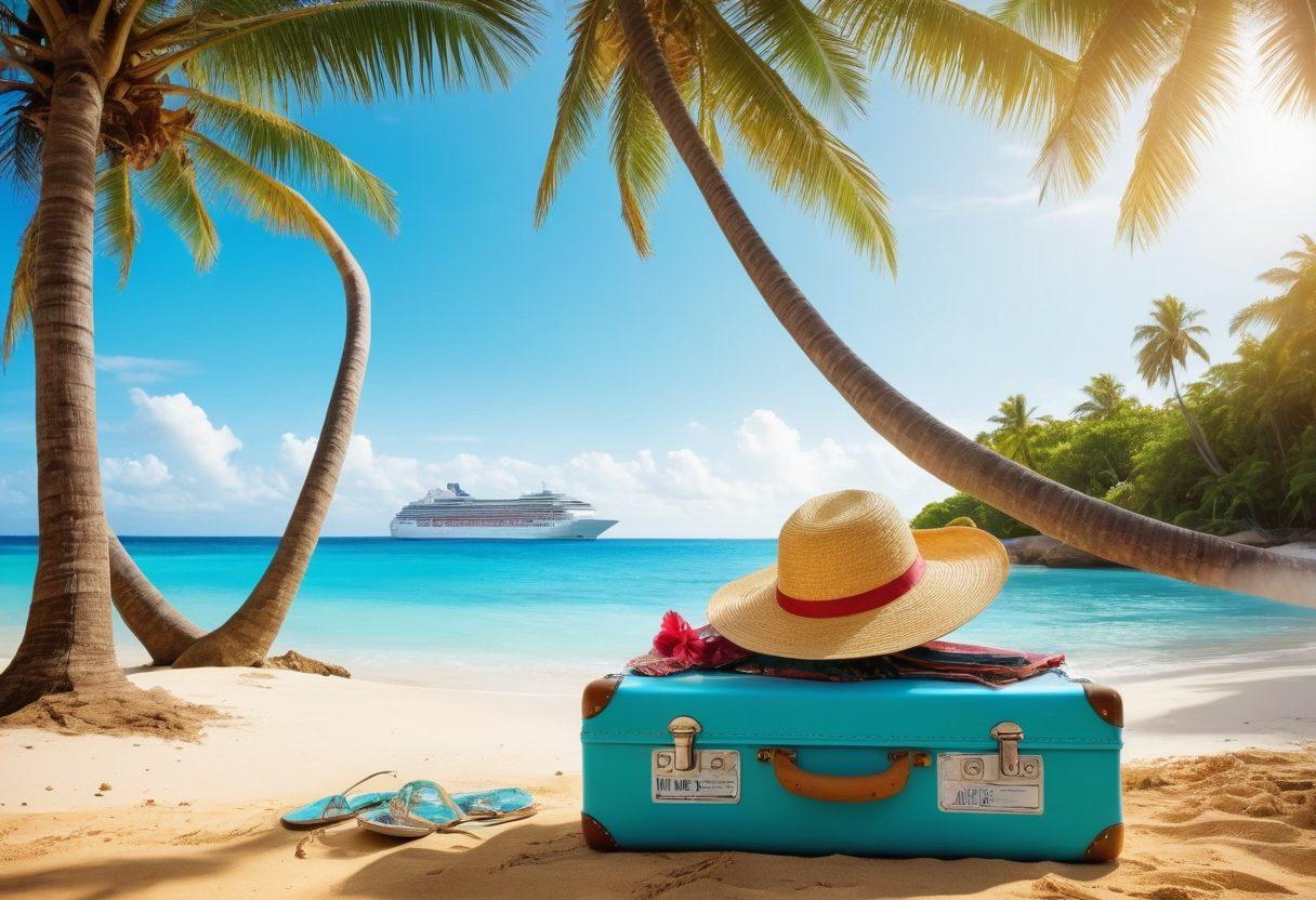 A picturesque tropical island with turquoise waters, golden sandy beaches, and lush palm trees swaying in the breeze. A luxurious cruise ship and a vibrant travel suitcase with travel stickers are prominently featured. Silhouettes of happy travelers with sun hats and colorful beachwear, basking in the excitement. Vibrant colors, super-realistic, 3D.